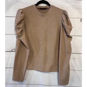 Pomander Place Beige Sweater Size XL White Pearl Accents Preppy
